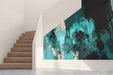 Modern hallway featuring an abstract teal and charcoal glitch wall mural behind the bed