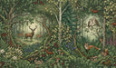 Intricate forest wall mural featuring deer, owls, foxes, rabbits, and lush woodland plants in green and brown tones.