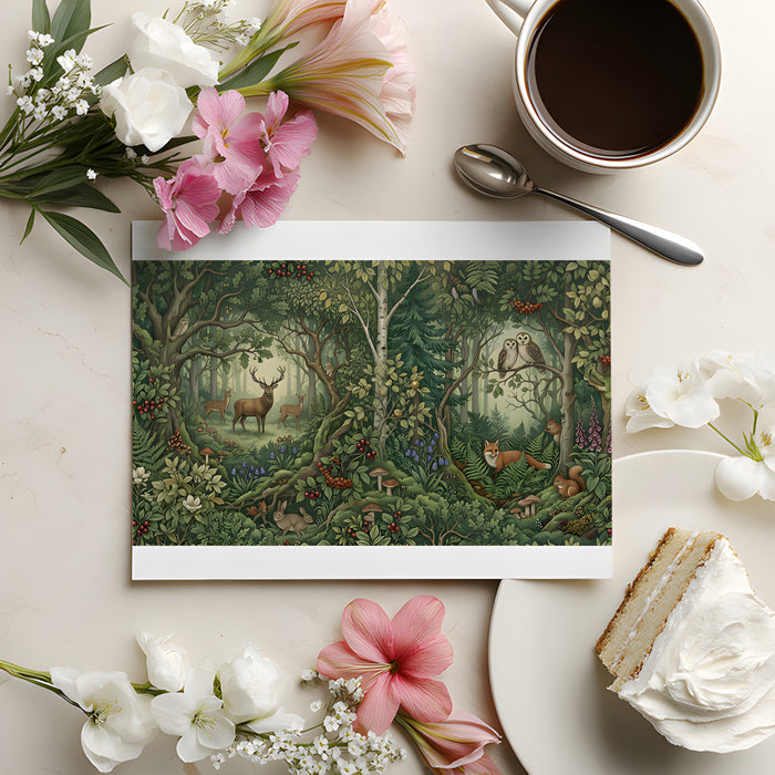 A home library space featuring an enchanting forest scene mural wallpaper.
