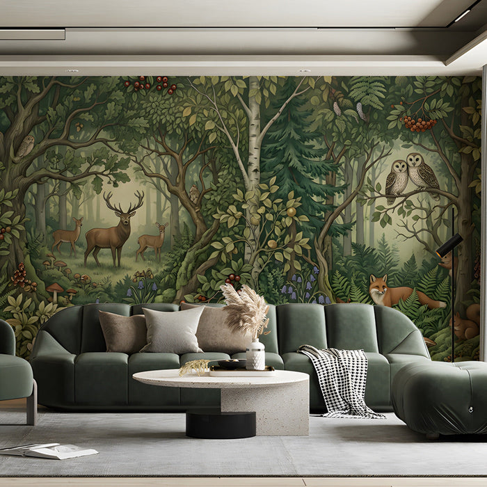 A  living room interior with a botanical forest wall mural and warm wood furniture.