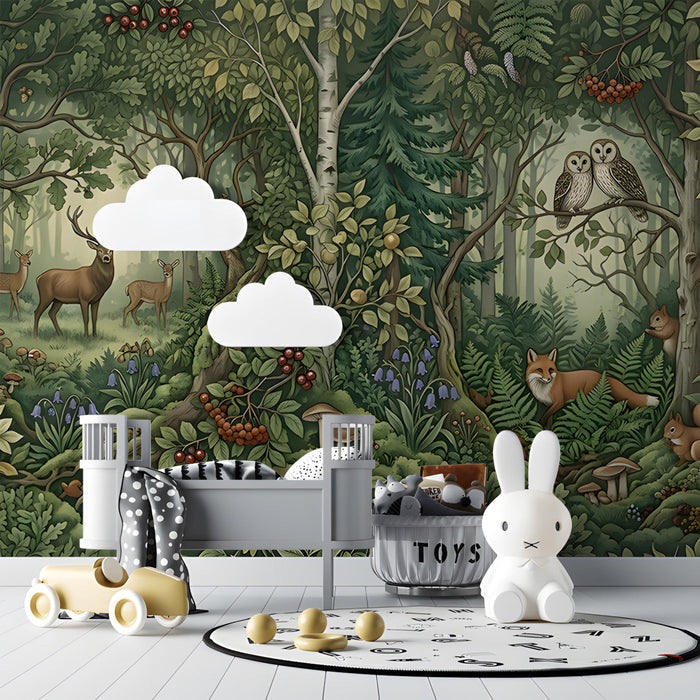 A cozy nursery room wall covered in a woodland animal mural with soft lighting.