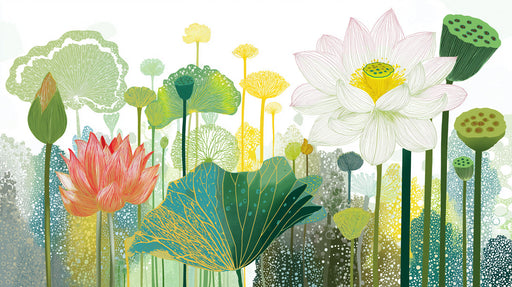 Vibrant lotus flower mural with green leaves and pink blossoms on a white and dotted background