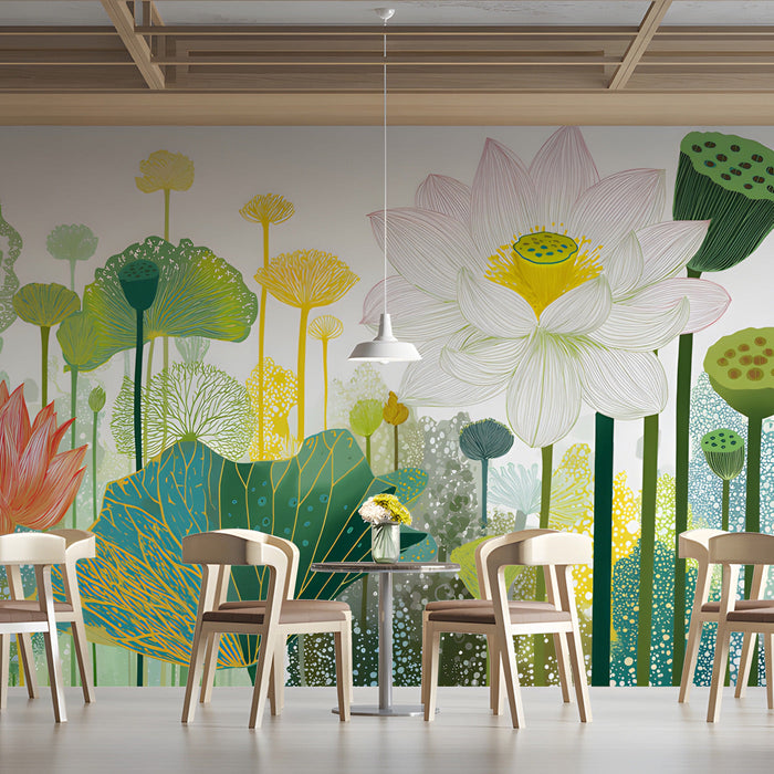 Botanical art wallpaper installed in a light and airy kitchen space