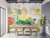 Lotus garden botanical wallpaper installed in a bright modern dining room