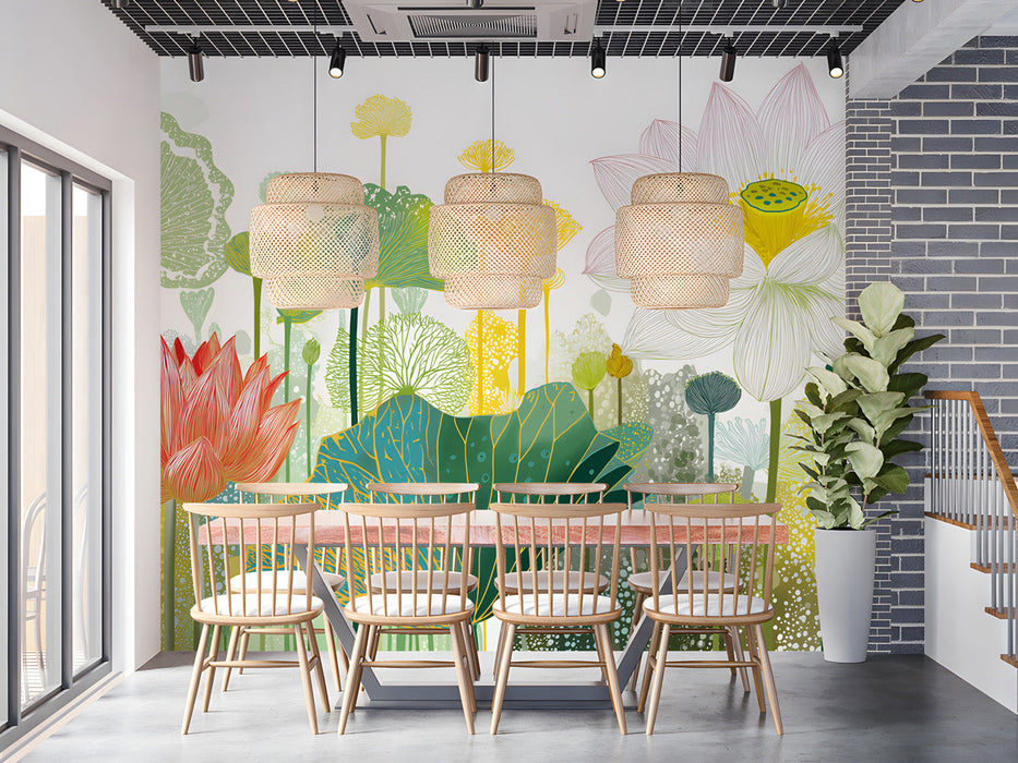 Lotus garden botanical wallpaper installed in a bright modern dining room
