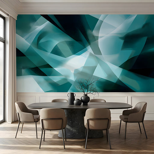 Sophisticated office interior with abstract teal and charcoal accent wall mural