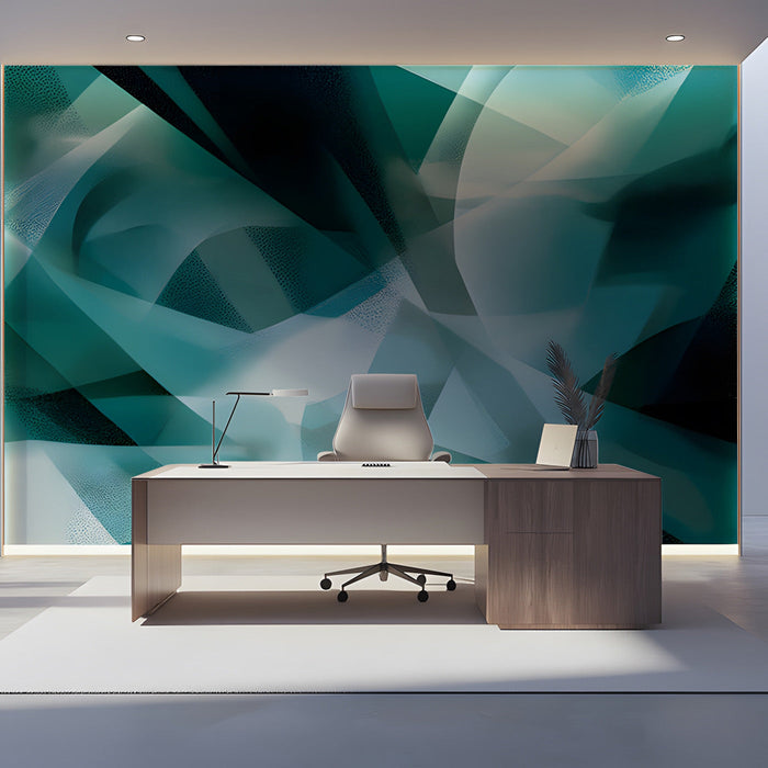 Modern reception wall featuring a large-scale teal and charcoal abstract mural