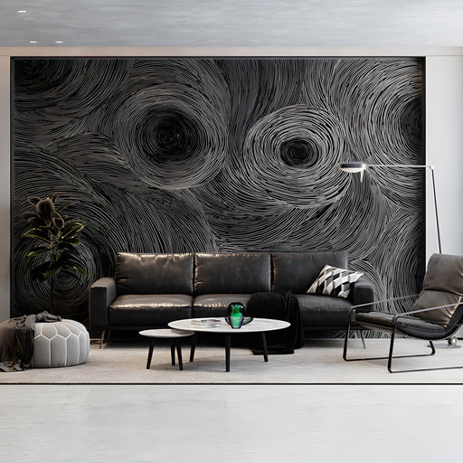 Dramatic living room accent wall with circular black and white line pattern