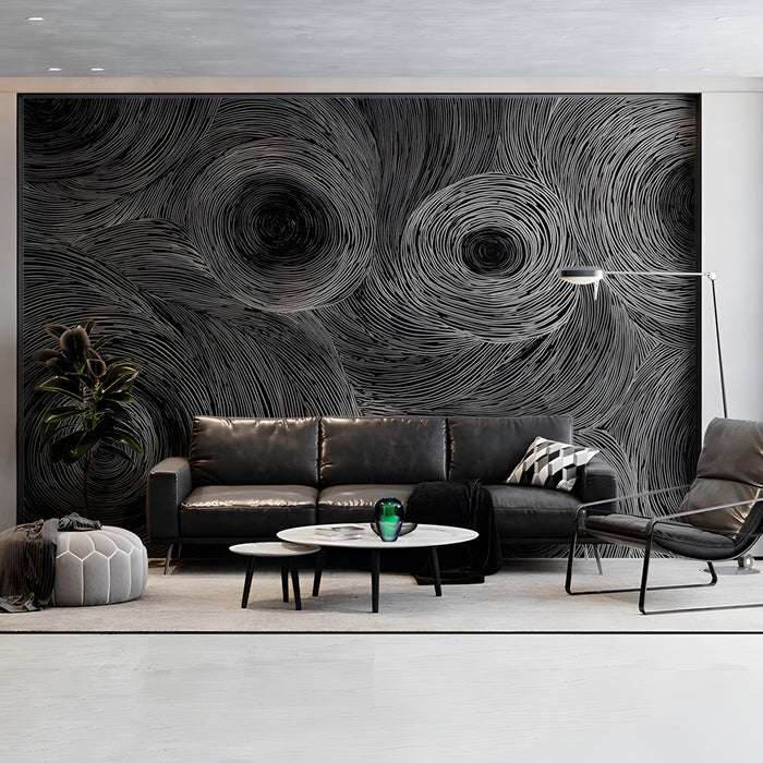 Dramatic living room accent wall with circular black and white line pattern