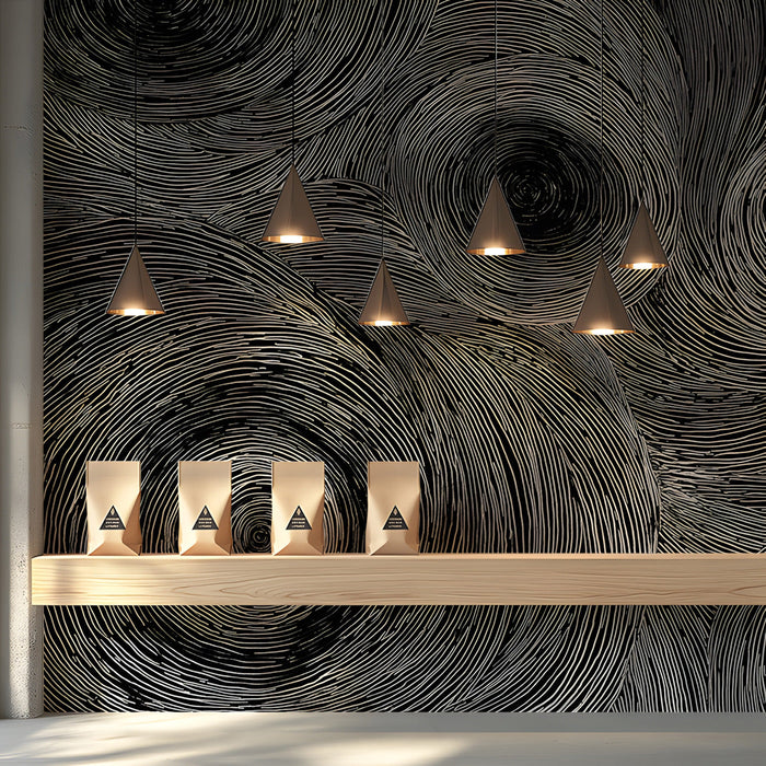 Modern shopping wall covered in monochrome swirl mural behind a minimalist grey sofa