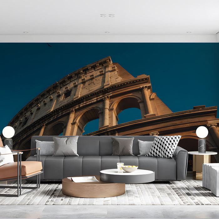 A quiet living room showcasing a classic Italian landscape mural on the main wall