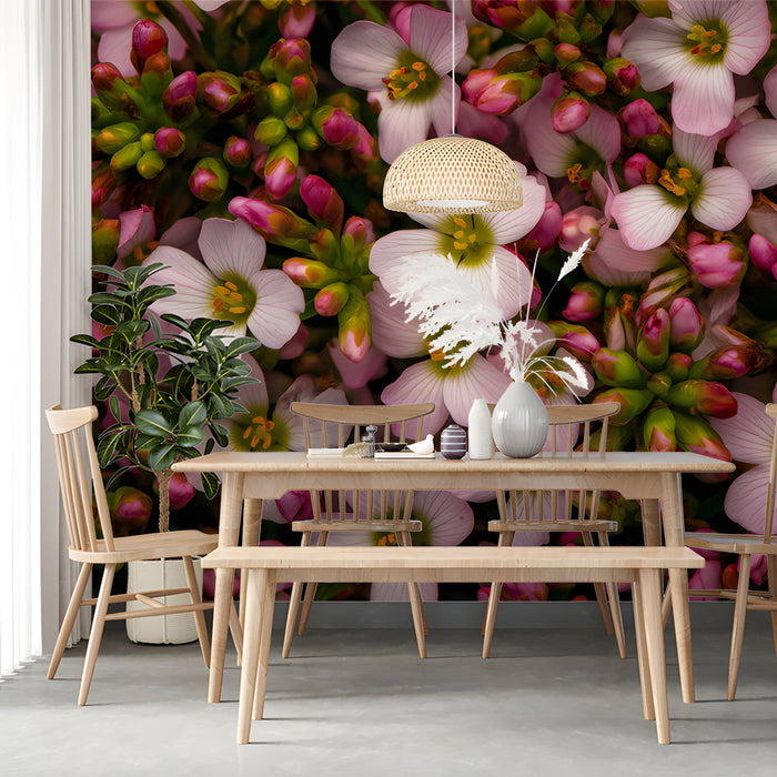 Elegant dining room feature wall with a dense, detailed botanical floral mural design
