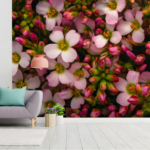 Pink floral wallpaper in a serene bedroom with wooden furniture and neutral bedding