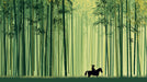 A serene bamboo forest wallpaper mural in shades of lime, sage, and pine green with a black rider silhouette