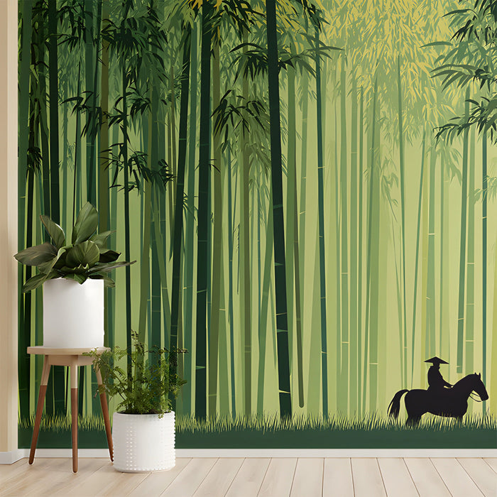 Landscape bamboo mural in a bright, airy entryway with simple mid-century furniture
