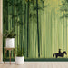 Landscape bamboo mural in a bright, airy entryway with simple mid-century furniture