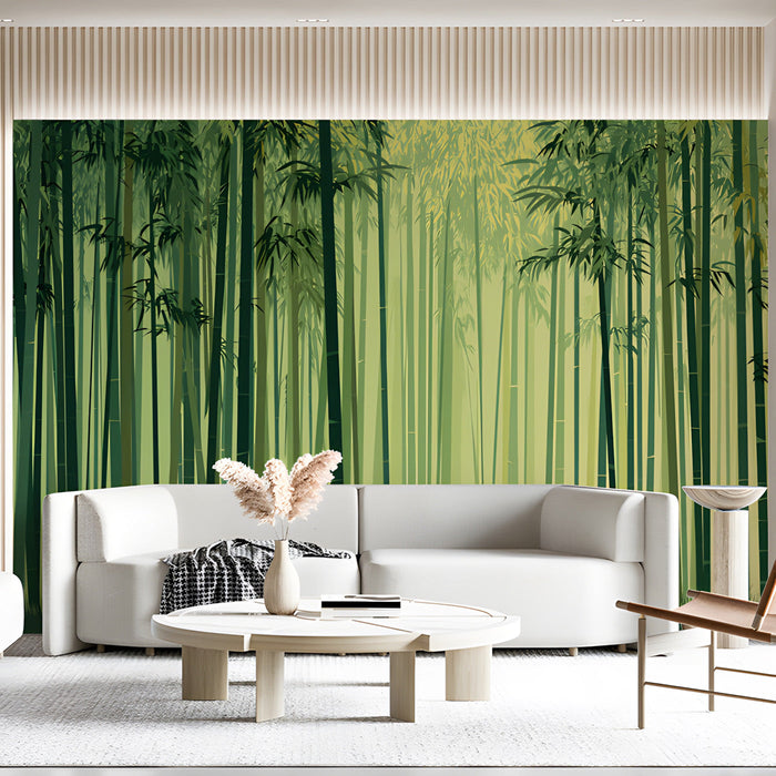 Bamboo forest wall mural installed behind a minimalist wooden desk in a modern home office