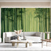 Bamboo forest wall mural installed behind a minimalist wooden desk in a modern home office
