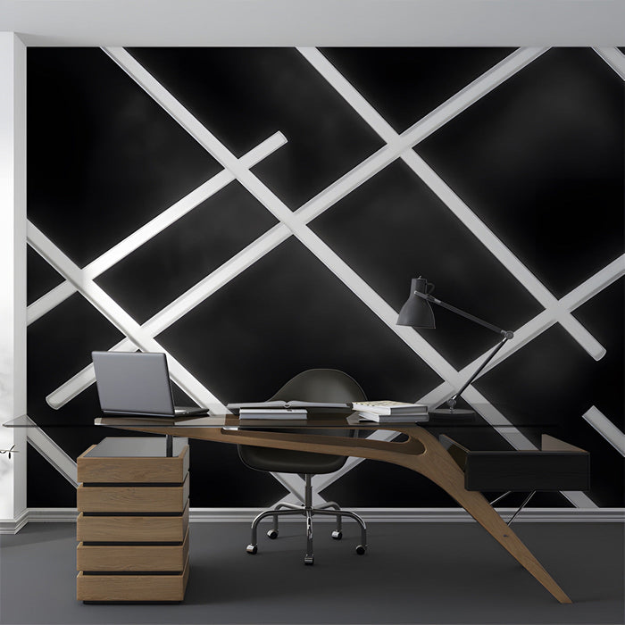 Contemporary study room wall covered in a stark white and black line grid pattern.