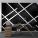 Contemporary study room wall covered in a stark white and black line grid pattern.