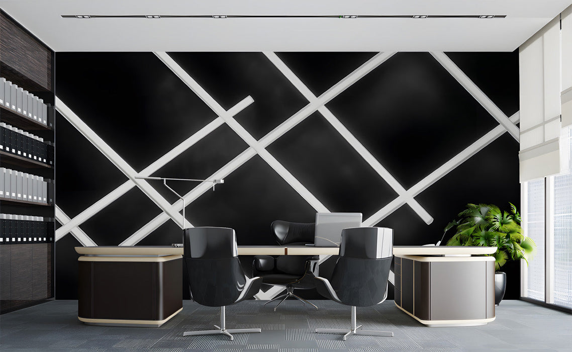 Modern office featuring a geometric white grid wallpaper on a feature wall behind a grey sofa.