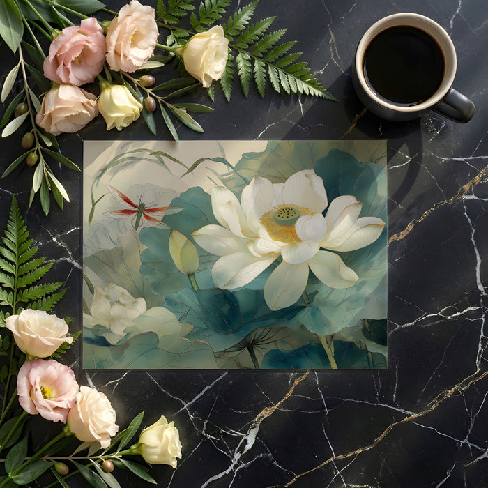 Water-inspired floral wallpaper in a bright, airy sunroom with white furniture