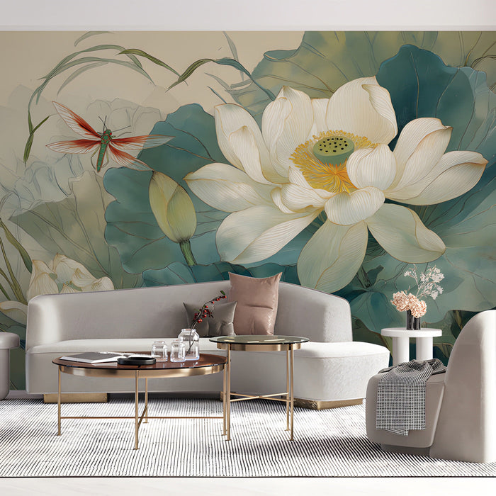 Elegant lotus flower mural featuring in a refined living room setting
