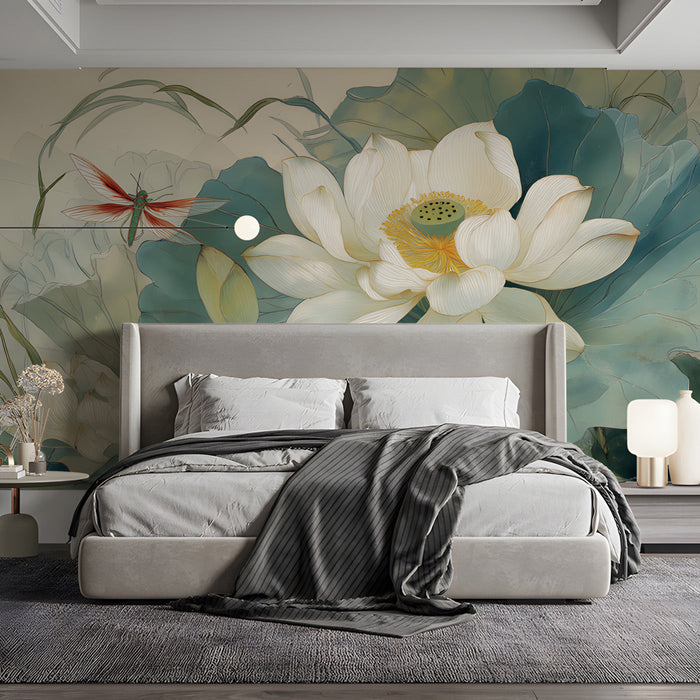 Soft lotus mural installed in a peaceful master bedroom above a headboard