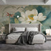 Soft lotus mural installed in a peaceful master bedroom above a headboard
