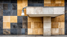 Abstract wallpaper pattern with square tiles of ochre, charcoal gray, and beige stone textures