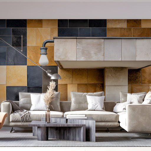 Modern home office with geometric stone block wallpaper behind a dark wood desk