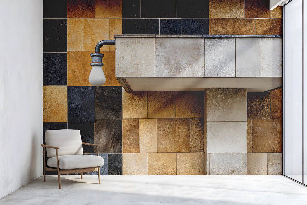 Sophisticated hallway featuring stone texture mural as a focal point behind a leather sofa