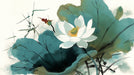 Artistic ink wash mural wallpaper featuring a white lotus flower, deep teal leaves, and charcoal stem details.