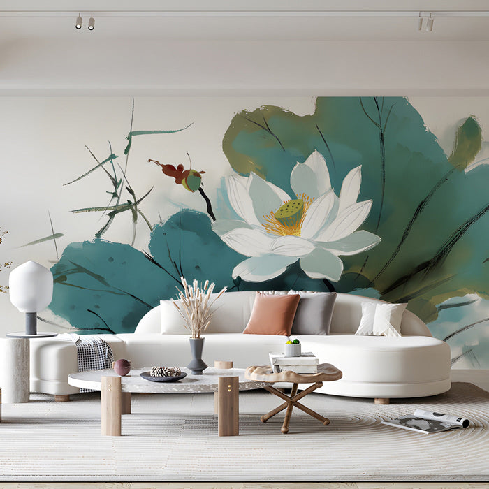 Tranquil commercial space space decorated with an artistic ink wash lotus wallpaper on the back wall.