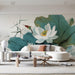 Tranquil commercial space space decorated with an artistic ink wash lotus wallpaper on the back wall.