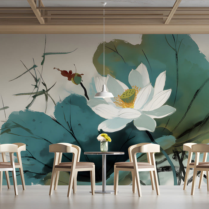 A serene cafe feature wall featuring the elegant white lotus mural wallpaper behind a wooden bed frame.