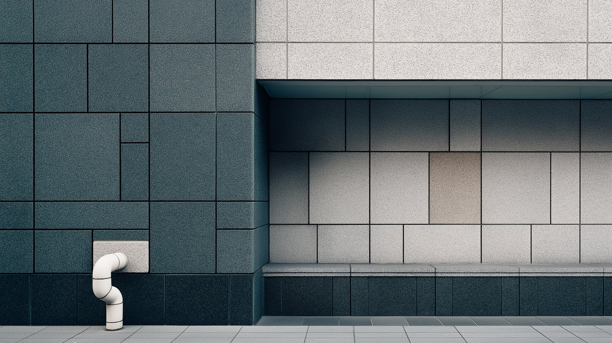 Geometric grid wallpaper pattern with dark slate and light ash gray stone textured tiles