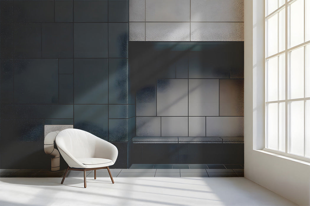 Modern hallway with grid patterned wallpaper creating a professional and minimalist aesthetic