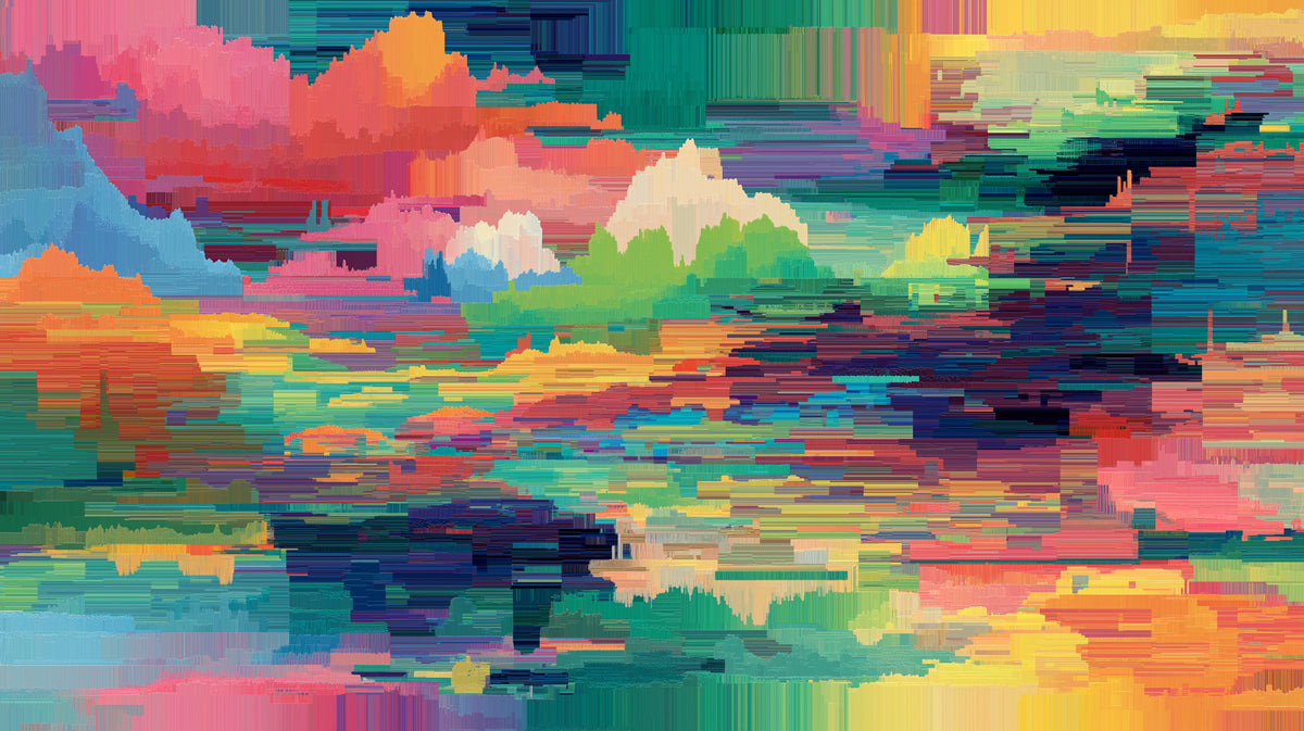 Abstract glitch landscape wallpaper with saturated pink, yellow, blue, and green horizontal lines