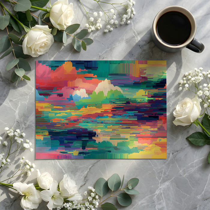 Modern home office with abstract digital pixel art mural on a feature wall