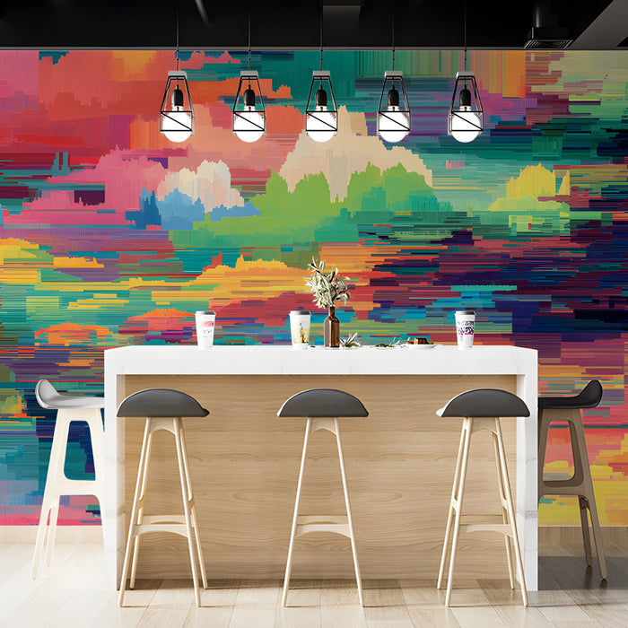 Bar interior with vibrant pixelated landscape wallpaper and dark wood furniture