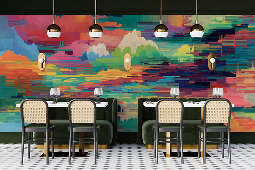 Restaurant featuring colorful glitch landscape wall mural behind a minimalist beige sofa