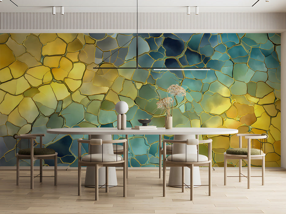 Modern meeting room featuring a gilded mosaic stone mural on the feature wall