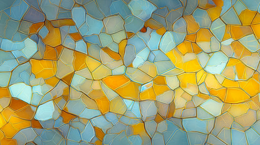 Abstract mosaic mural with ochre yellow, amber, and icy blue glass shards separated by charcoal lines.