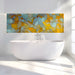 A contemporary bathroom with mosaic wallpaper creating a warm and artistic atmosphere.