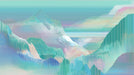 Abstract digital glitch art mountain landscape with horizontal lines in seafoam, lavender, and icy blue.