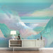 Contemporary bedroom with ethereal mountain wall decor in cool blue and green tones.