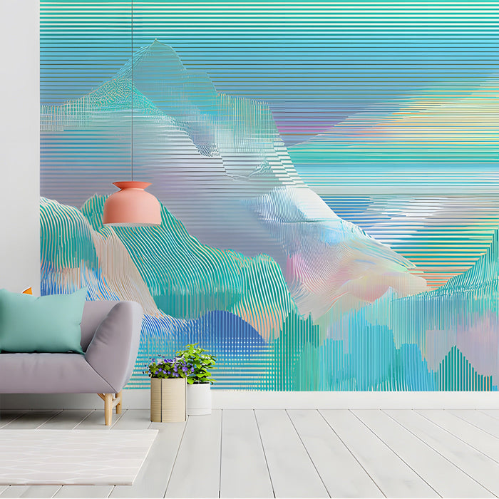 Modern home office with a glitch mountain mural creating a serene and productive workspace.