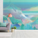 Modern home office with a glitch mountain mural creating a serene and productive workspace.