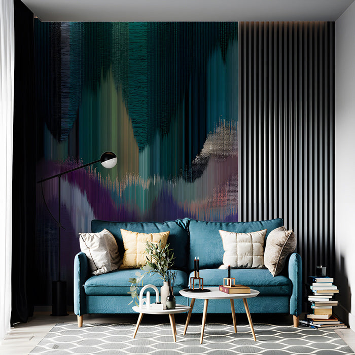 Abstract modern wall mural used as a dramatic backdrop in a contemporary media room.